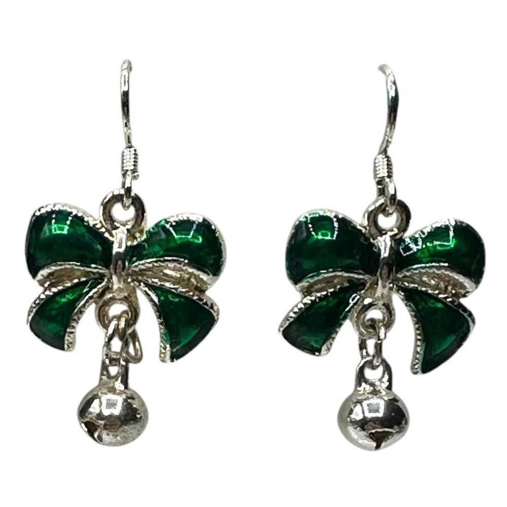 Green Bow & Bell Dangle Earrings Silver-Tone Hook Christmas Fashion Jewelry